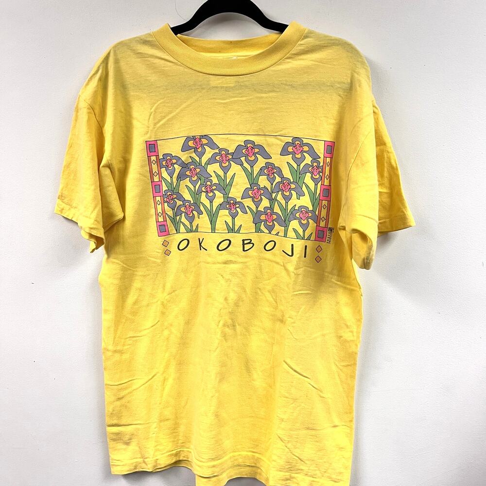 Vintage Women's Fresh Produce Graphic Tee Iris artwork Okoboji yellow size LG